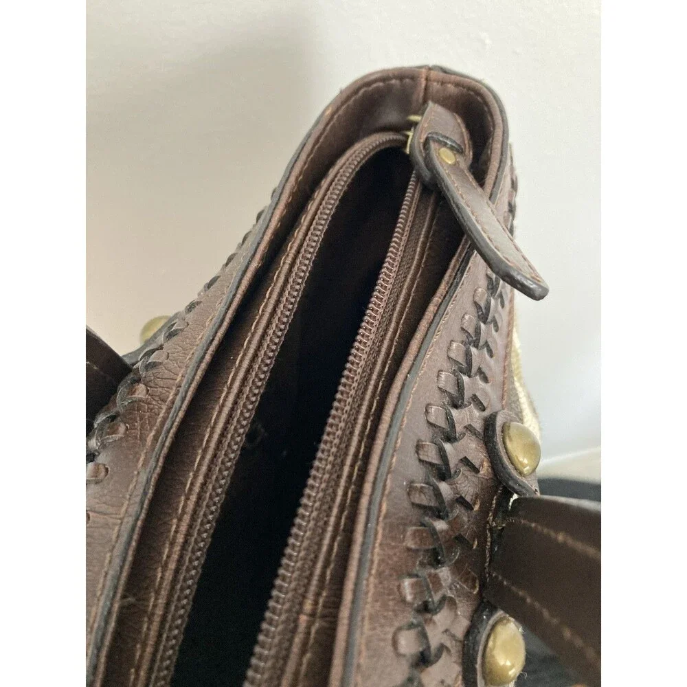Fossil Palm Print Satchel Tote Leather Canvas Brown Excellent